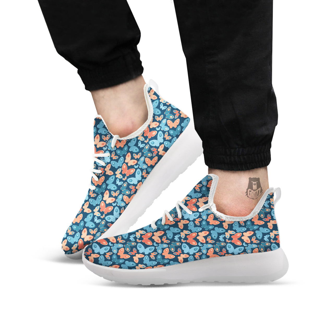 Butterfly Blue And Orange Print White Athletic Shoes-grizzshop