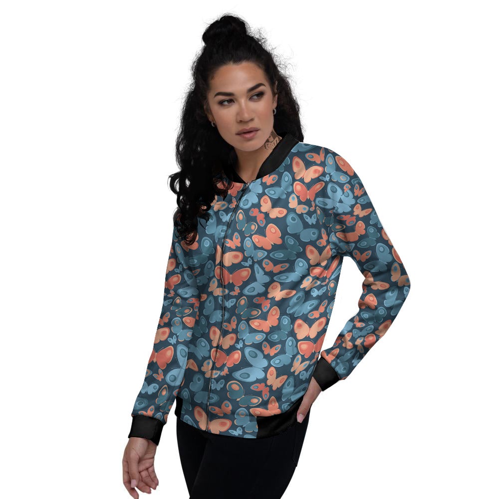 Butterfly Blue And Orange Print Women's Bomber Jacket-grizzshop