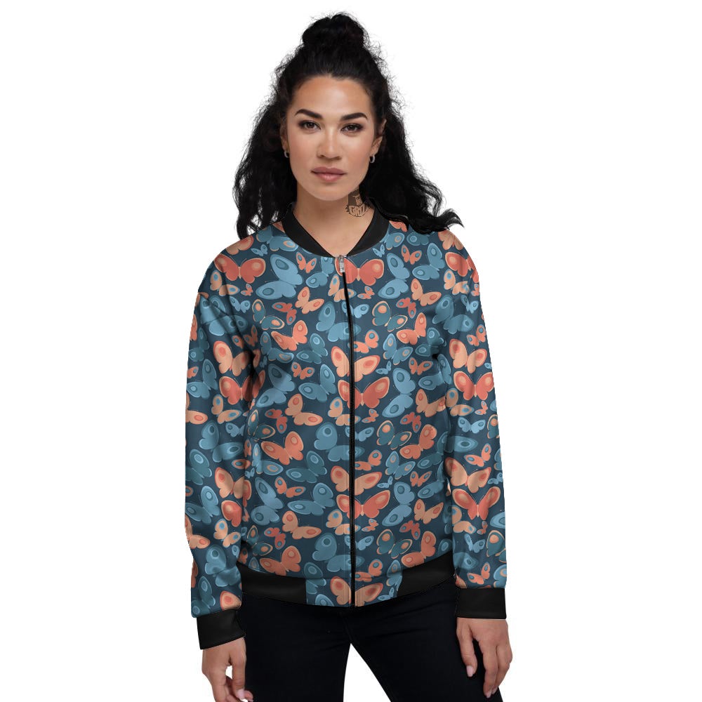 Butterfly Blue And Orange Print Women's Bomber Jacket-grizzshop