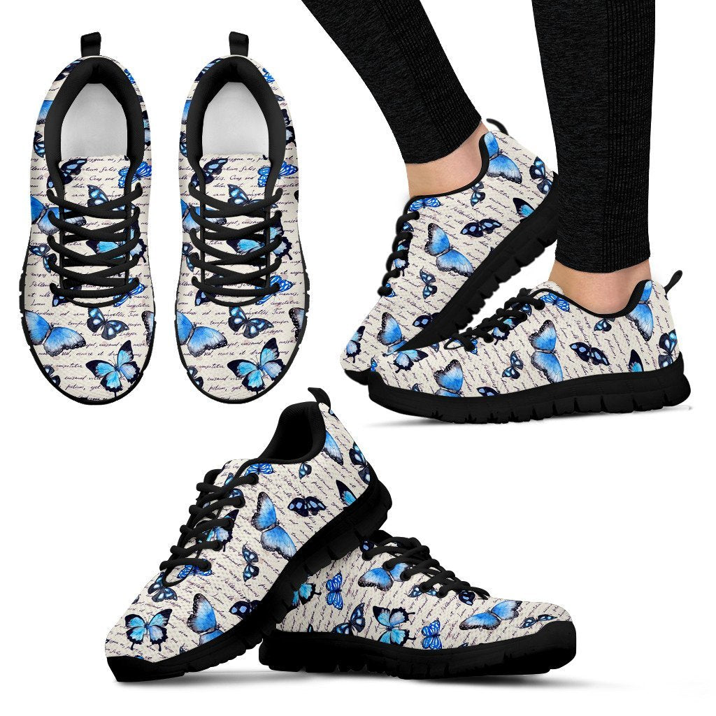 Butterfly Blue Pattern Print Black Sneaker Shoes For Men Women-grizzshop