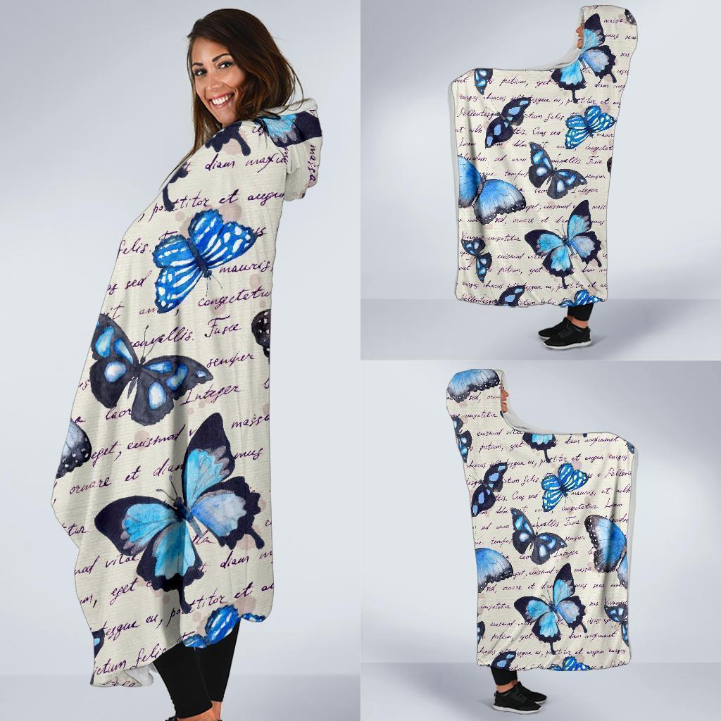 Butterfly Blue Pattern Print Hooded Blanket-grizzshop
