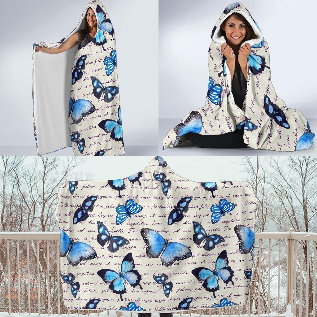 Butterfly Blue Pattern Print Hooded Blanket-grizzshop