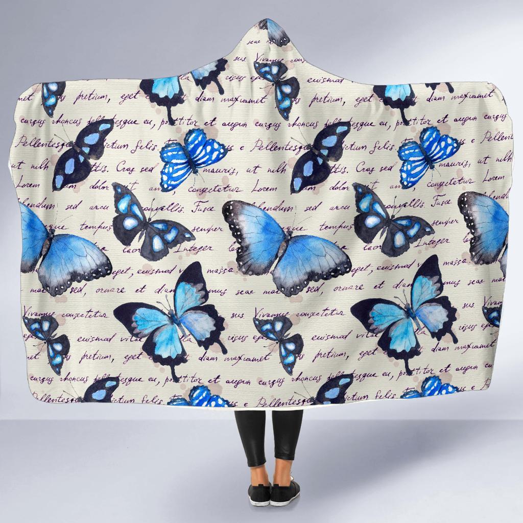 Butterfly Blue Pattern Print Hooded Blanket-grizzshop