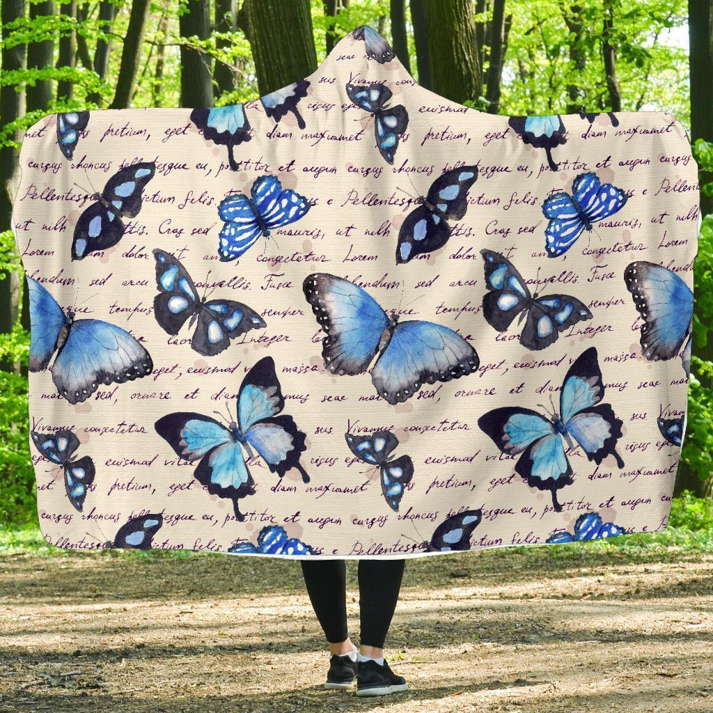 Butterfly Blue Pattern Print Hooded Blanket-grizzshop