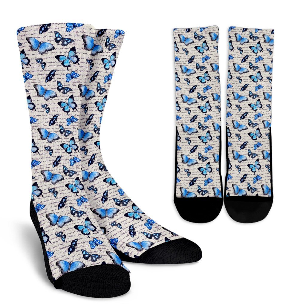 Butterfly Blue Pattern Print Unisex Crew Socks-grizzshop