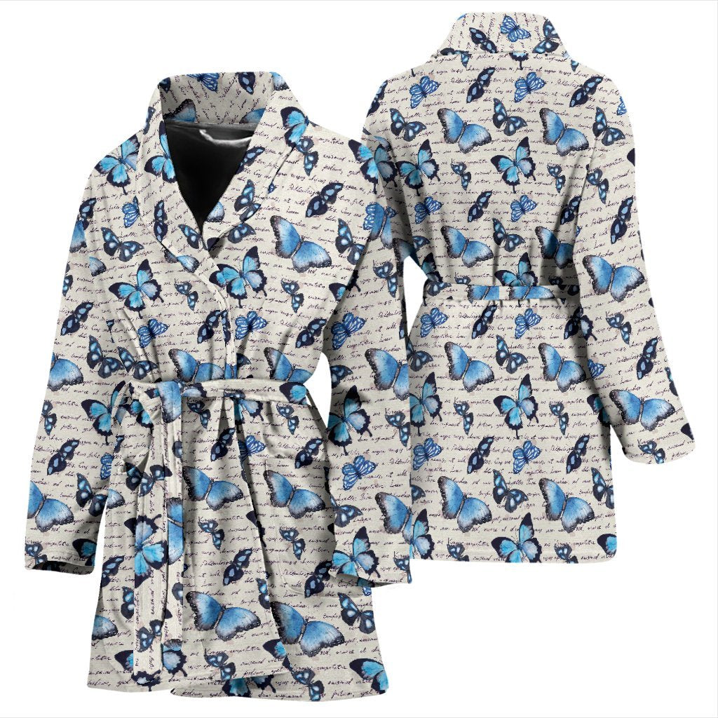 Butterfly Blue Pattern Print Women Long Robe-grizzshop