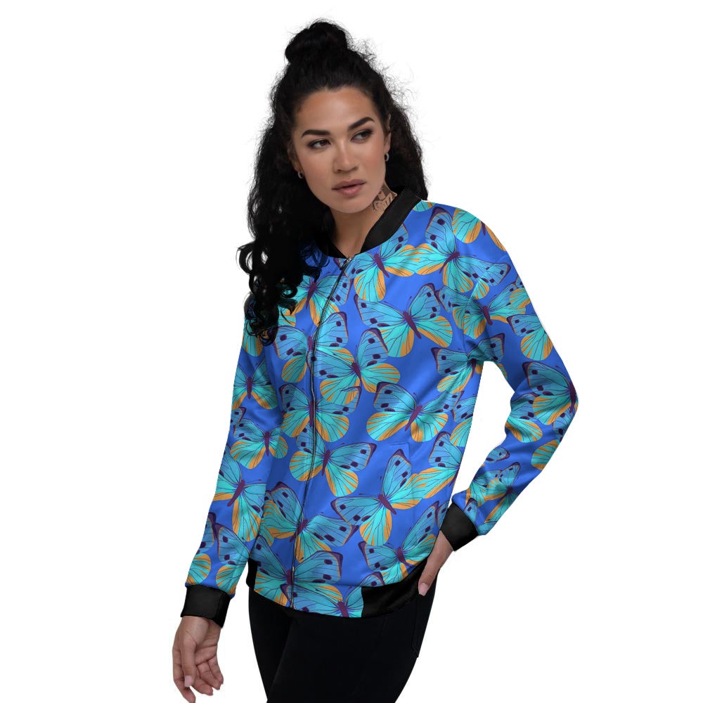 Butterfly Blue Watercolor Print Pattern Women's Bomber Jacket-grizzshop