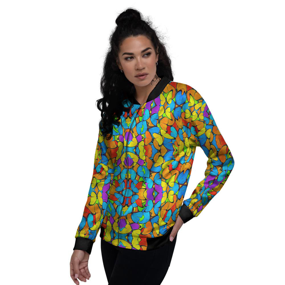Butterfly Colorful Print Pattern Women's Bomber Jacket-grizzshop