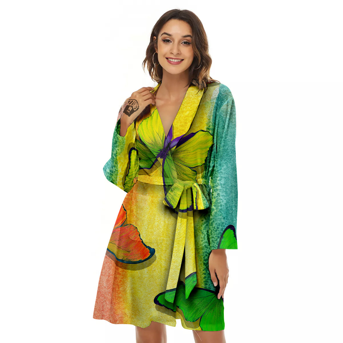 Butterfly Colorful Watercolor Print Women's Robe-grizzshop