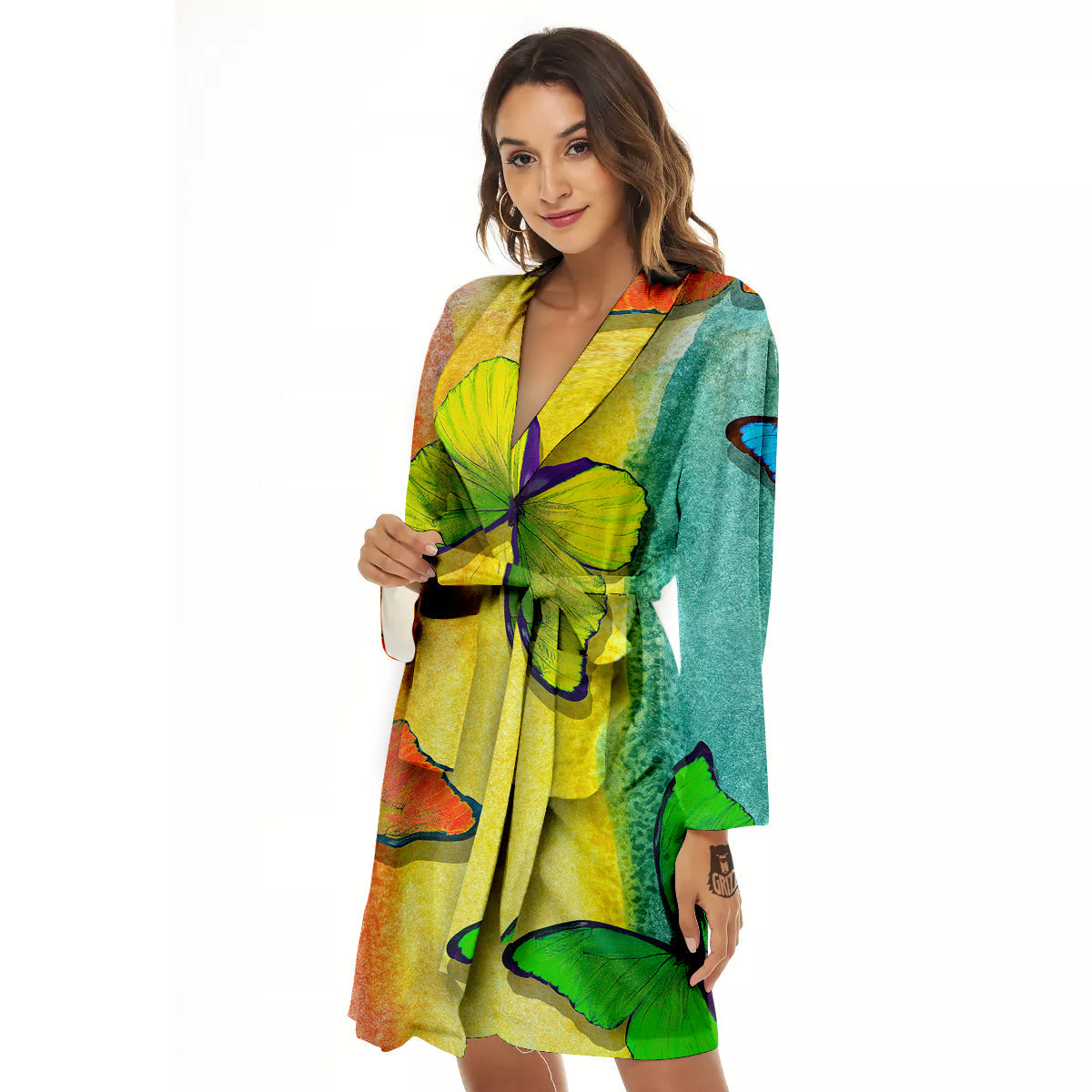 Butterfly Colorful Watercolor Print Women's Robe-grizzshop