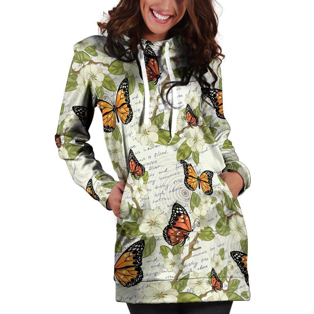 Butterfly Floral Print Hoodie Dress-grizzshop