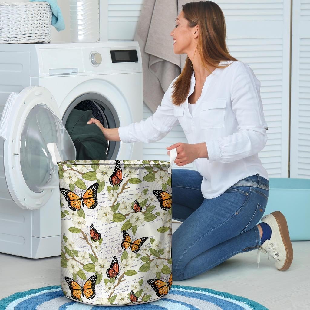 Butterfly Floral Print Laundry Basket-grizzshop