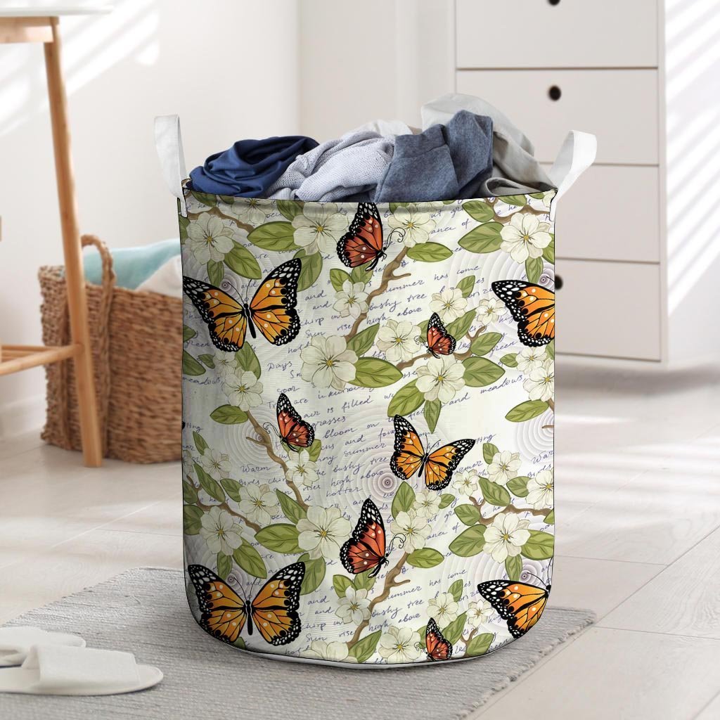 Butterfly Floral Print Laundry Basket-grizzshop