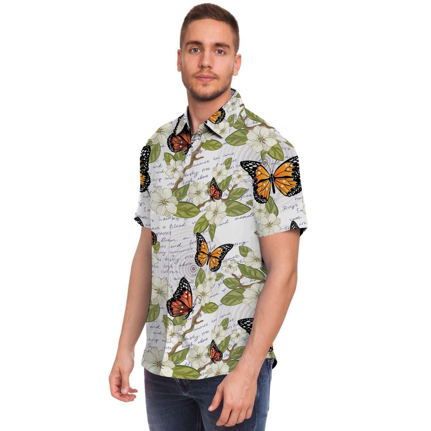 Butterfly Floral Print Men's Short Sleeve Shirt-grizzshop