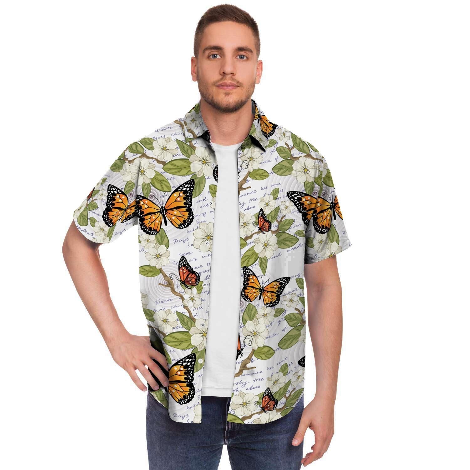 Butterfly Floral Print Men's Short Sleeve Shirt-grizzshop