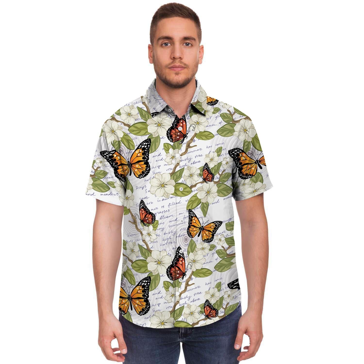 Butterfly Floral Print Men's Short Sleeve Shirt-grizzshop