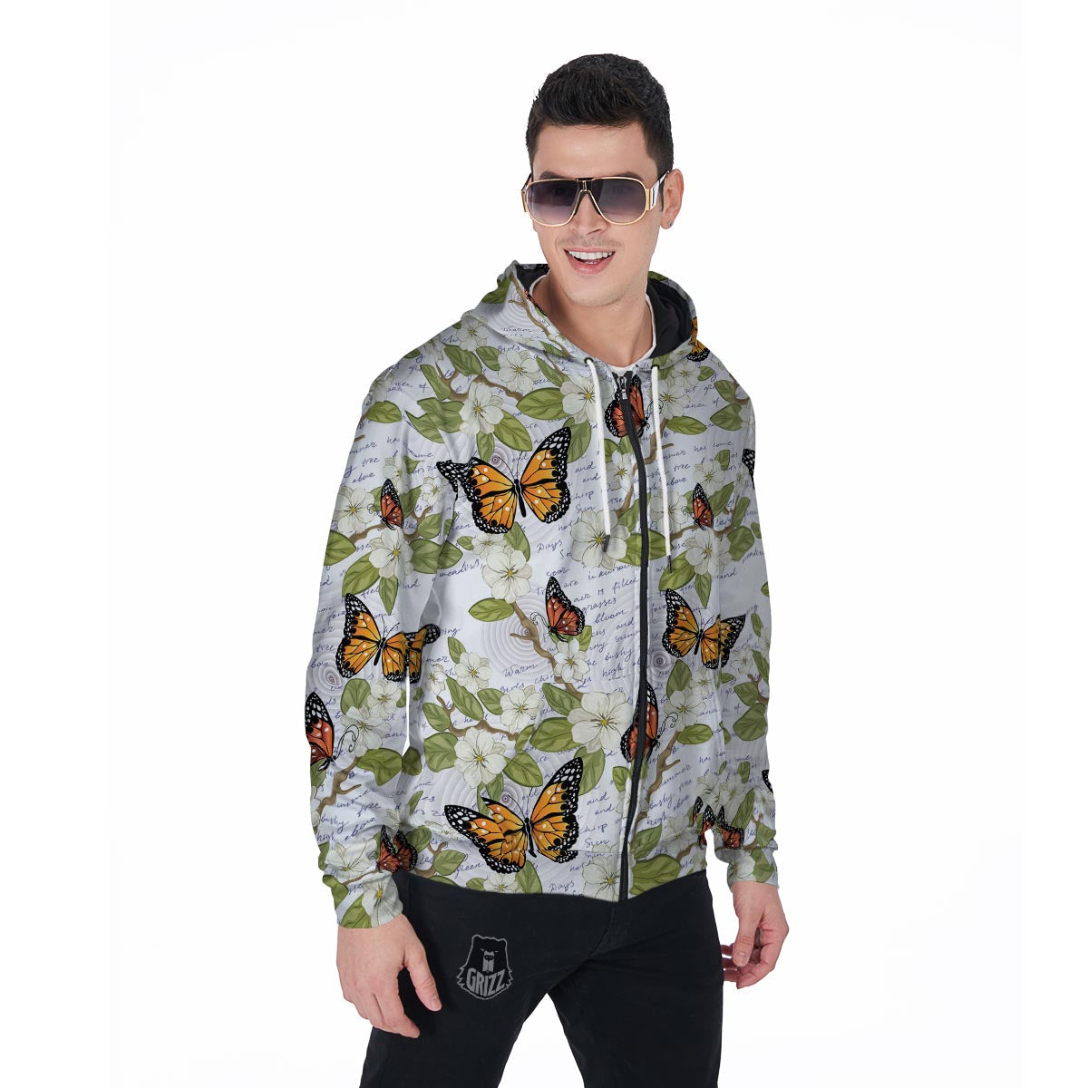 Butterfly Floral Print Men's Zip Up Hoodie-grizzshop