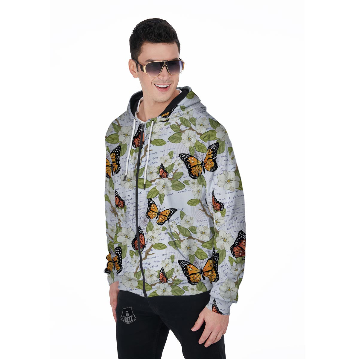 Butterfly Floral Print Men's Zip Up Hoodie-grizzshop