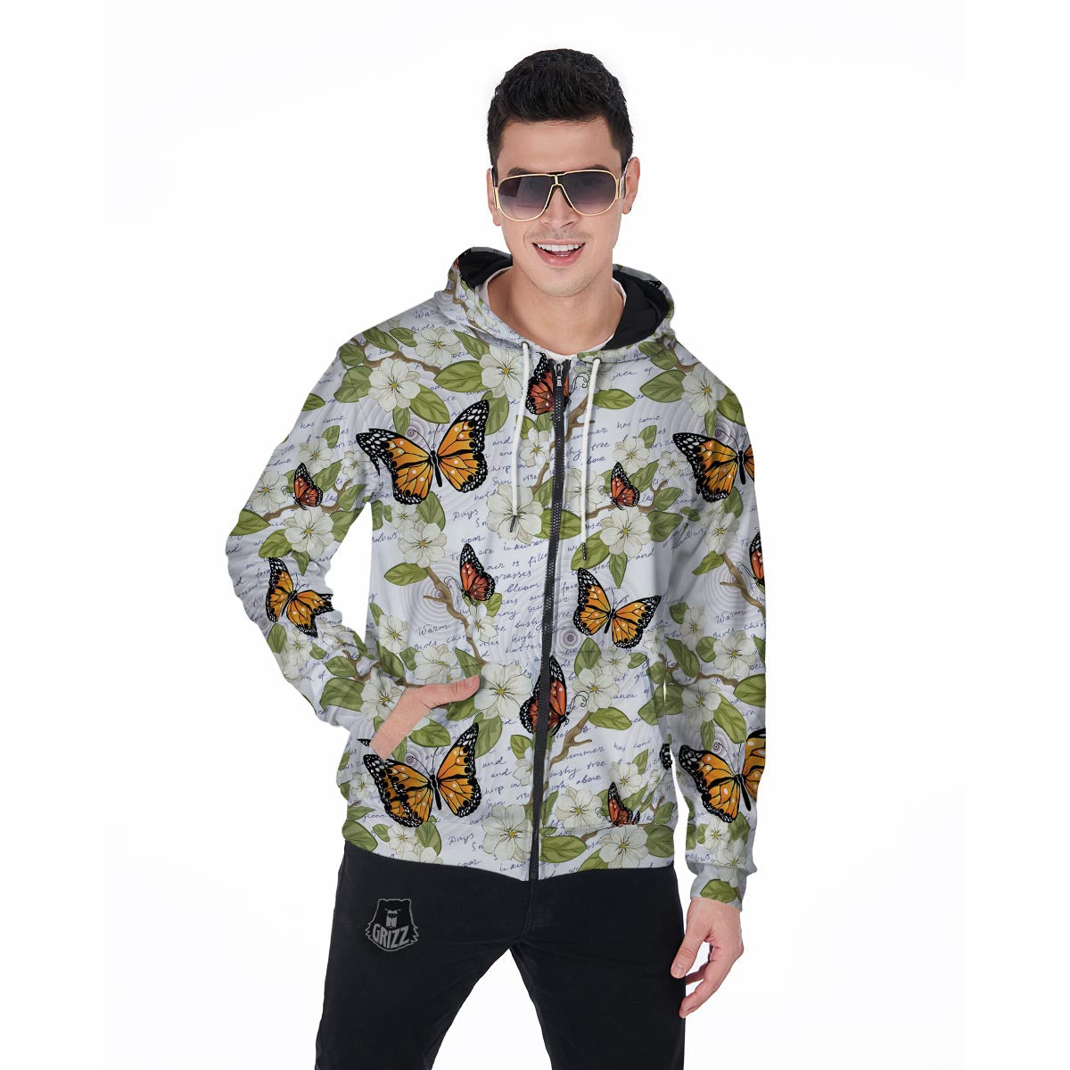 Butterfly Floral Print Men's Zip Up Hoodie-grizzshop