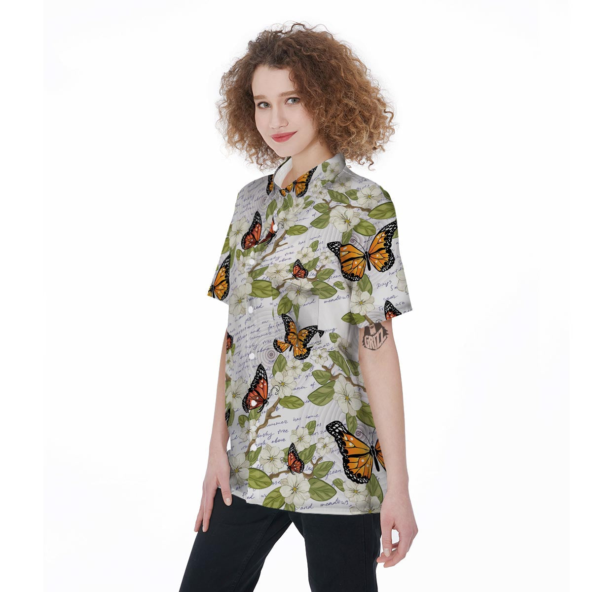 Butterfly Floral Print Women's Short Sleeve Shirts-grizzshop