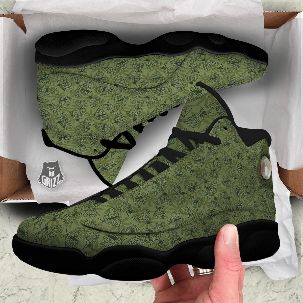 Butterfly Monarch Green Print Pattern Black Basketball Shoes-grizzshop