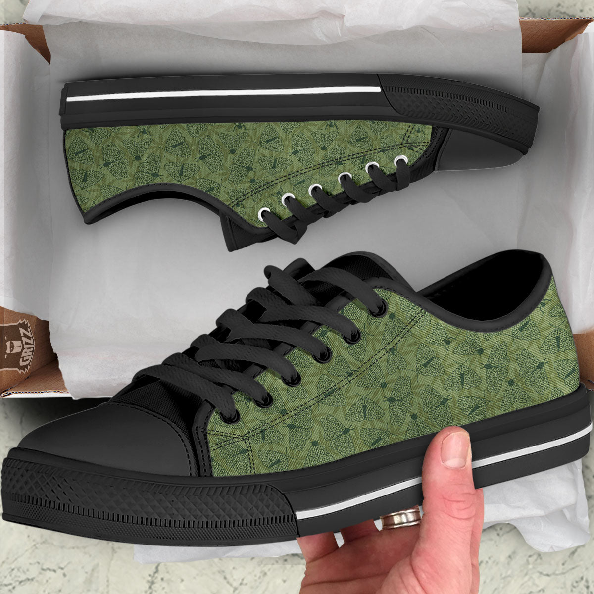 Butterfly Monarch Green Print Pattern Black Low Top Shoes-grizzshop