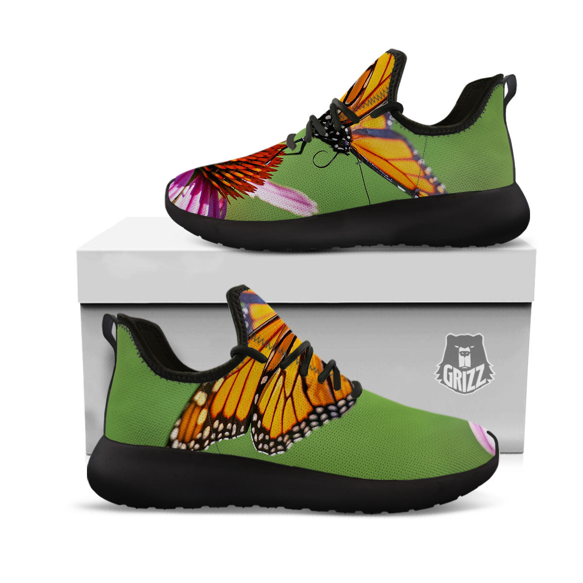 Butterfly Monarch Orange Print Black Athletic Shoes-grizzshop