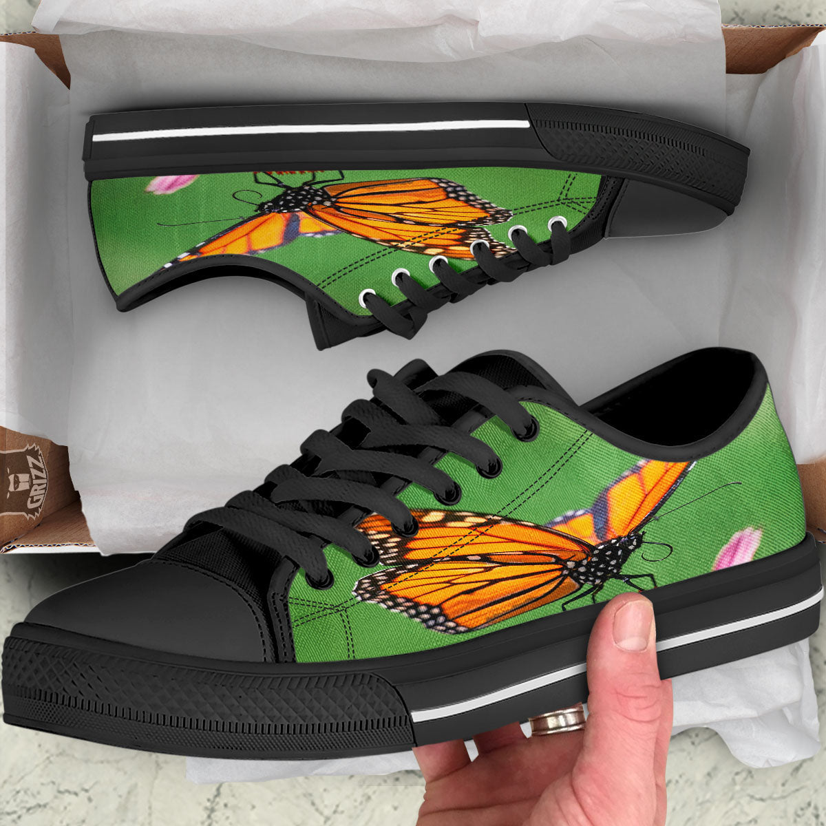 Butterfly Monarch Orange Print Black Low Top Shoes-grizzshop