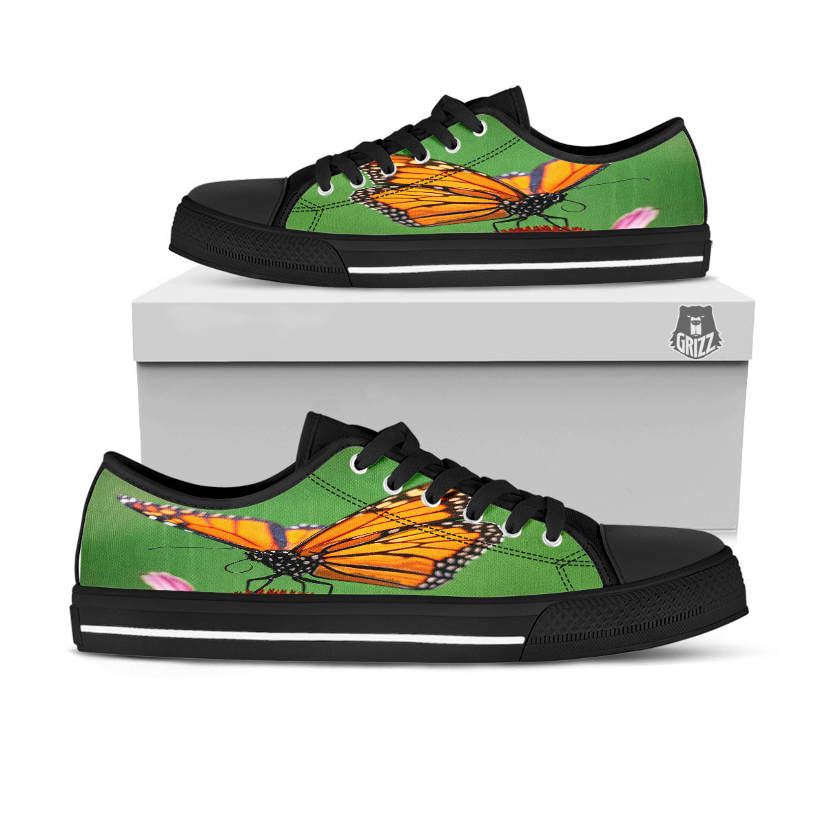 Butterfly Monarch Orange Print Black Low Top Shoes-grizzshop