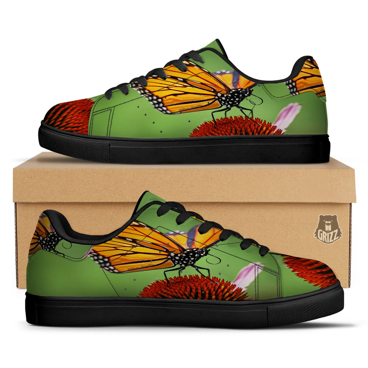 Butterfly Monarch Orange Print Black Low Top Sneakers-grizzshop