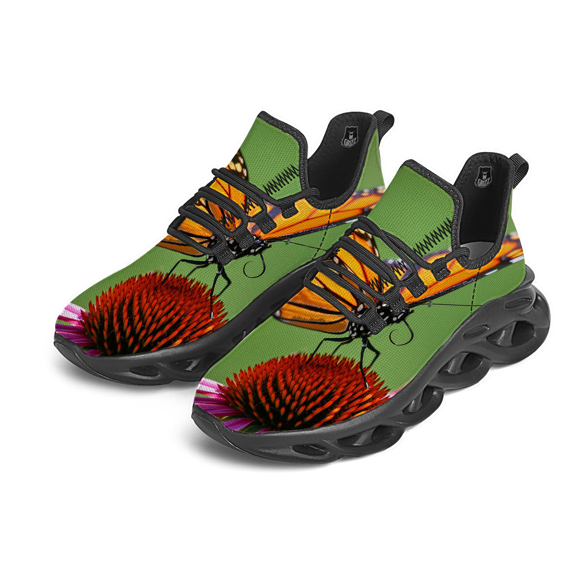 Butterfly Monarch Orange Print Black Running Shoes-grizzshop