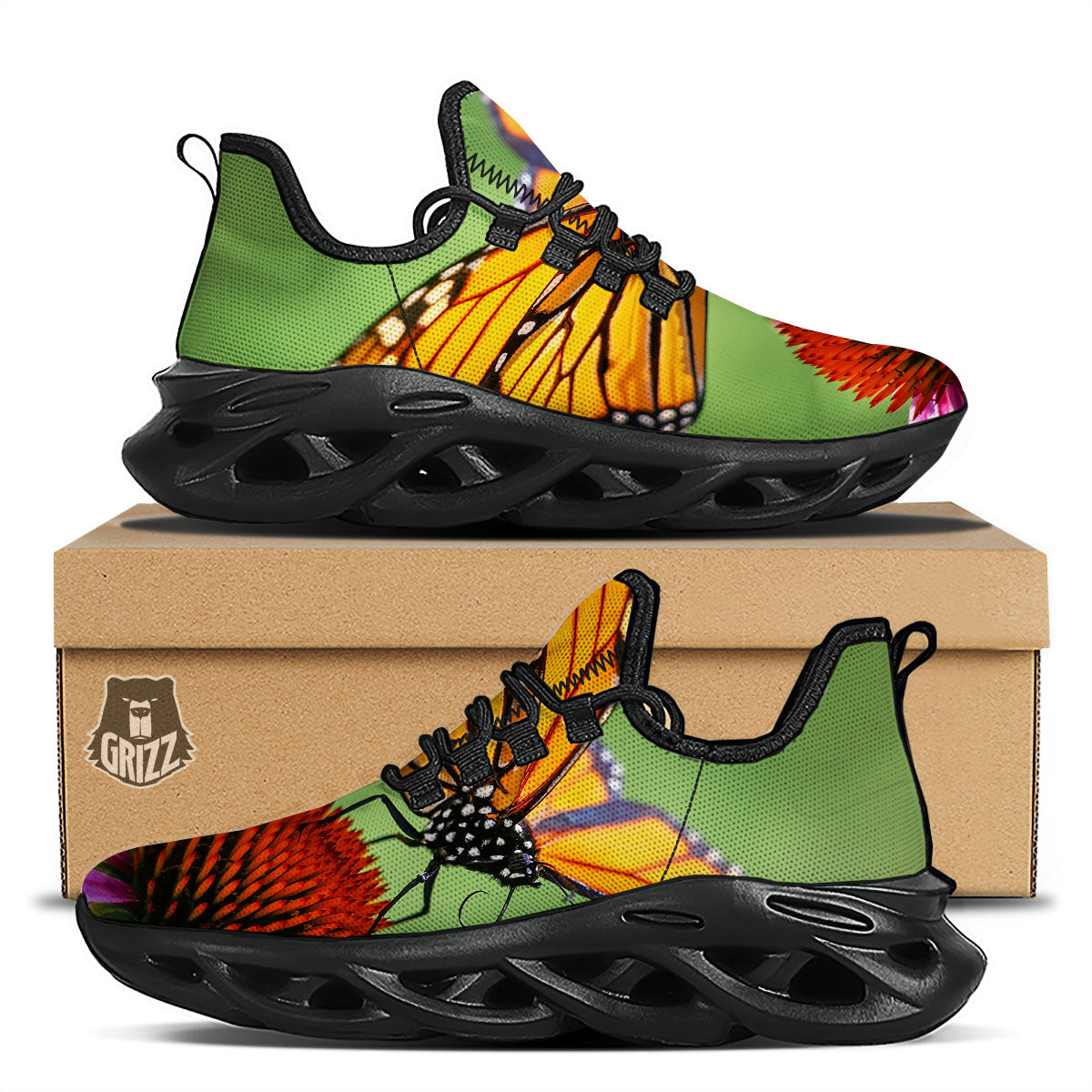 Butterfly Monarch Orange Print Black Running Shoes-grizzshop