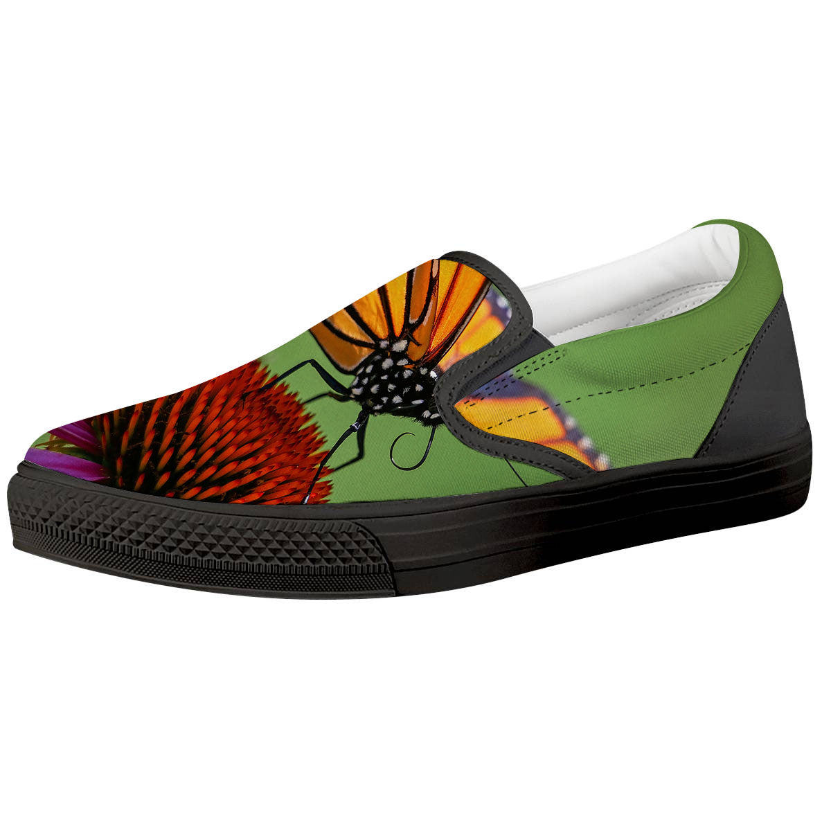 Butterfly Monarch Orange Print Black Slip On Shoes-grizzshop