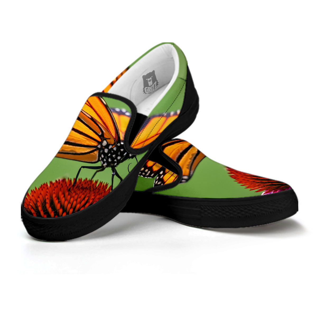 Butterfly Monarch Orange Print Black Slip On Shoes-grizzshop