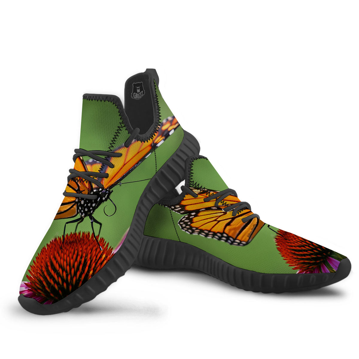 Butterfly Monarch Orange Print Black Walking Shoes-grizzshop