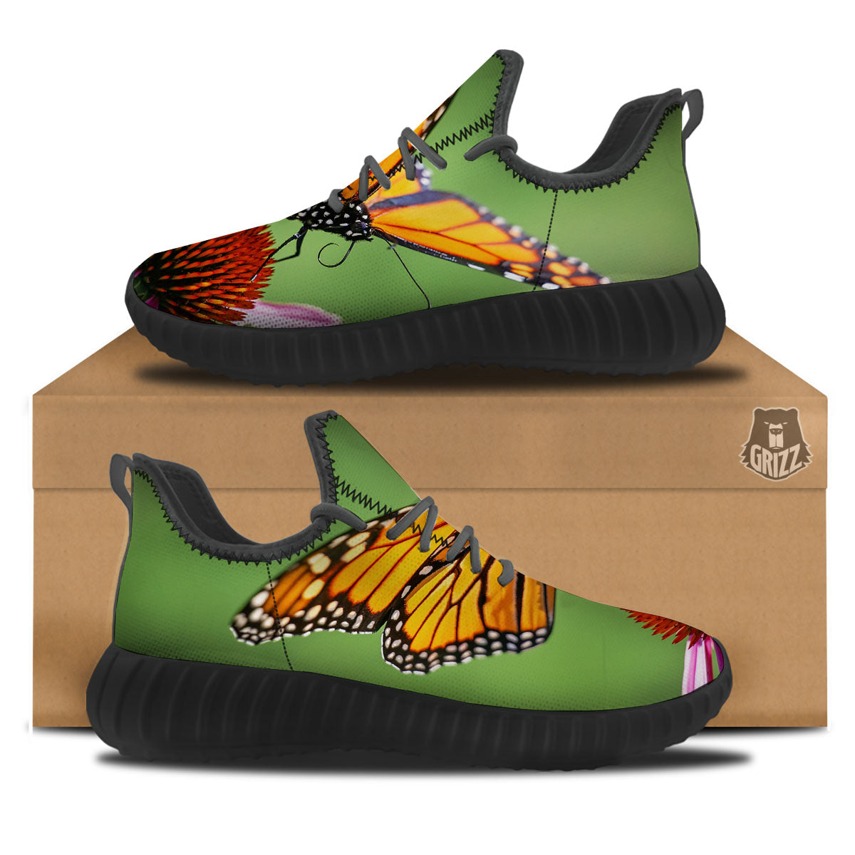 Butterfly Monarch Orange Print Black Walking Shoes-grizzshop
