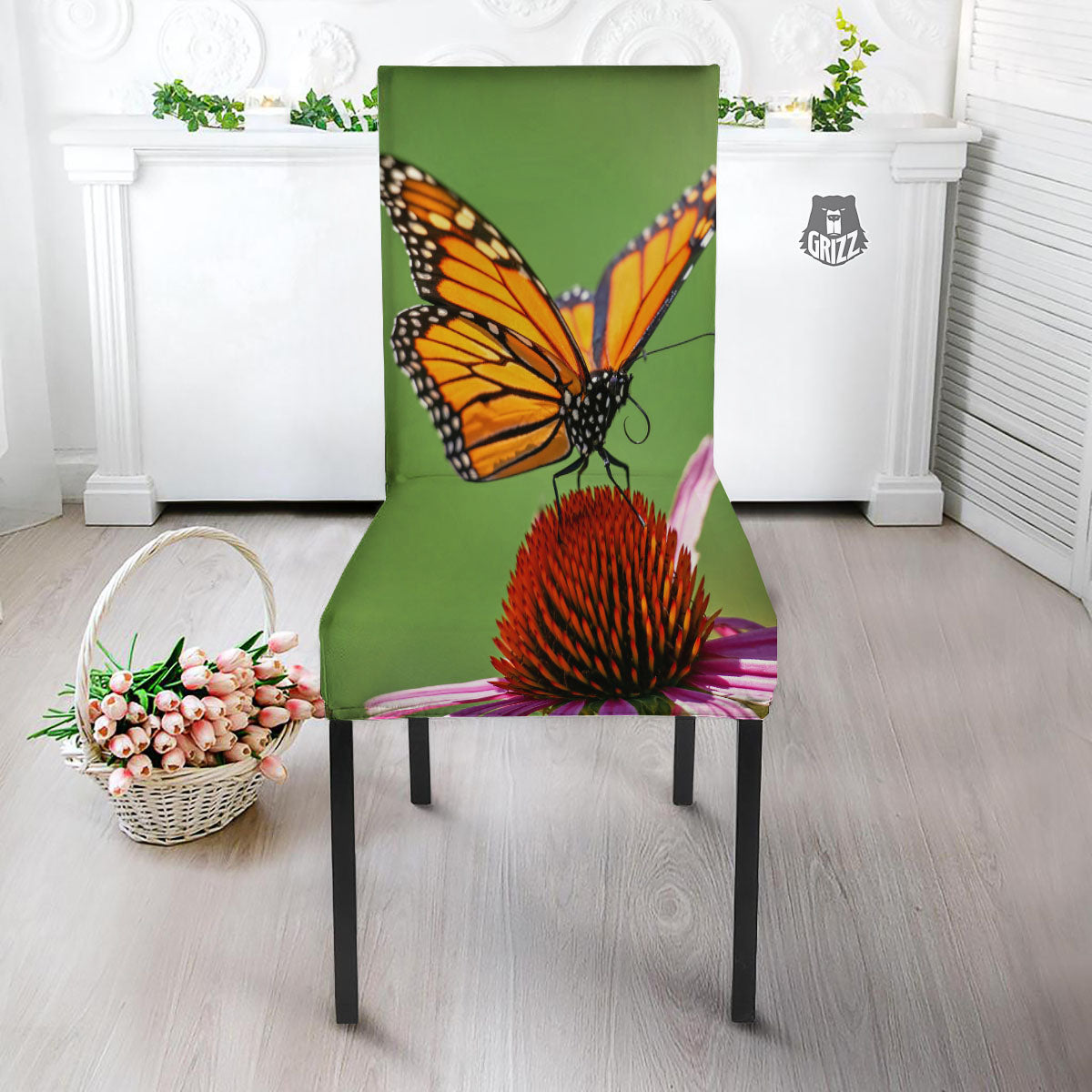 Butterfly Monarch Orange Print Dining Chair Slipcover-grizzshop