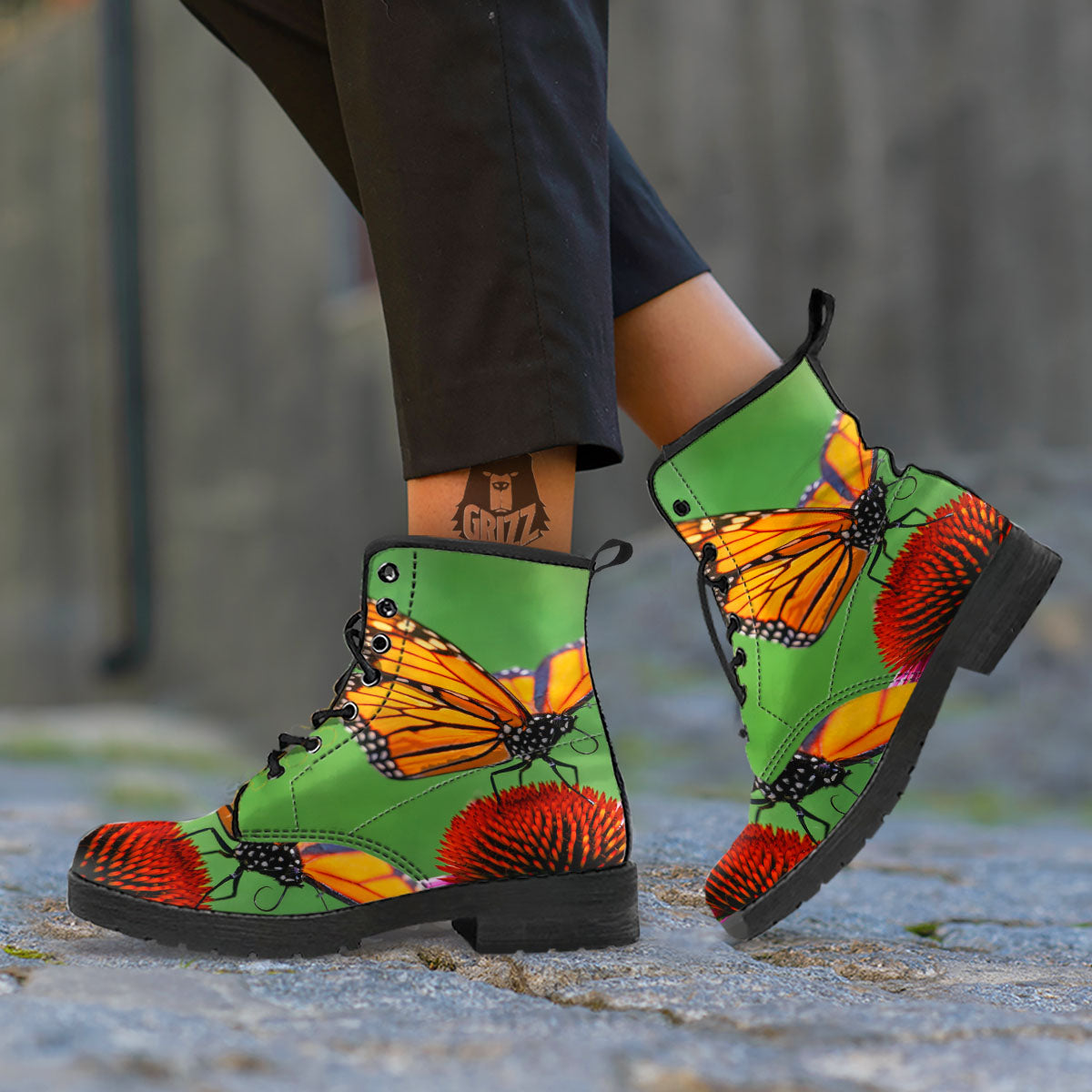 Butterfly Monarch Orange Print Leather Boots-grizzshop
