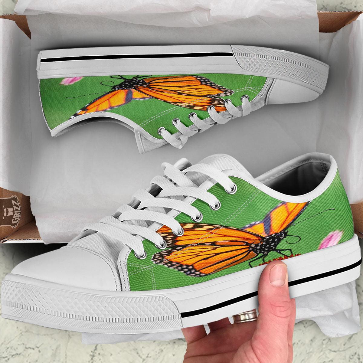 Butterfly Monarch Orange Print White Low Top Shoes-grizzshop