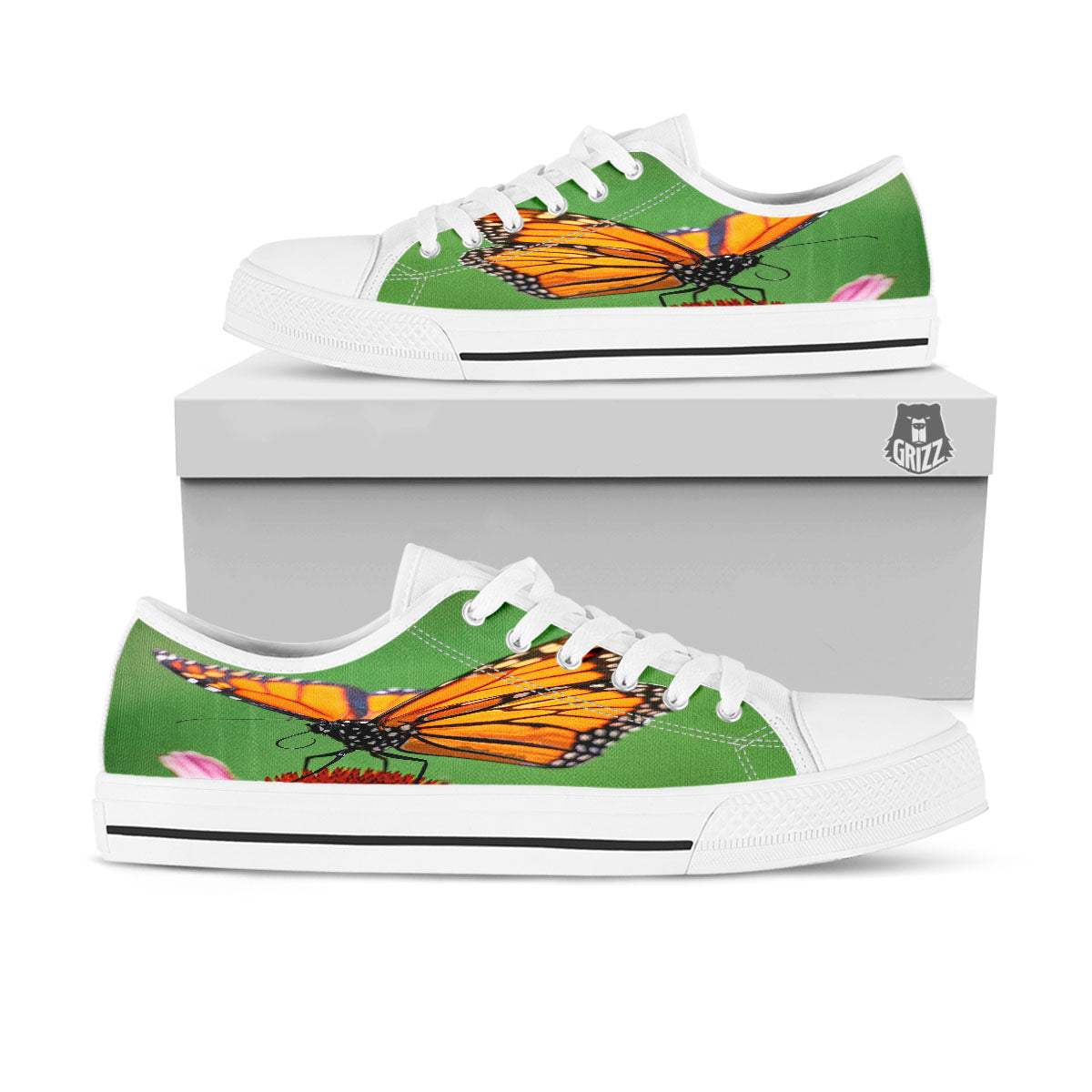 Butterfly Monarch Orange Print White Low Top Shoes-grizzshop
