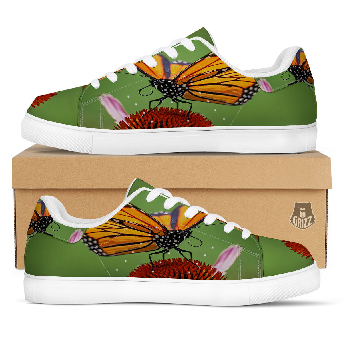 Butterfly Monarch Orange Print White Low Top Sneakers-grizzshop