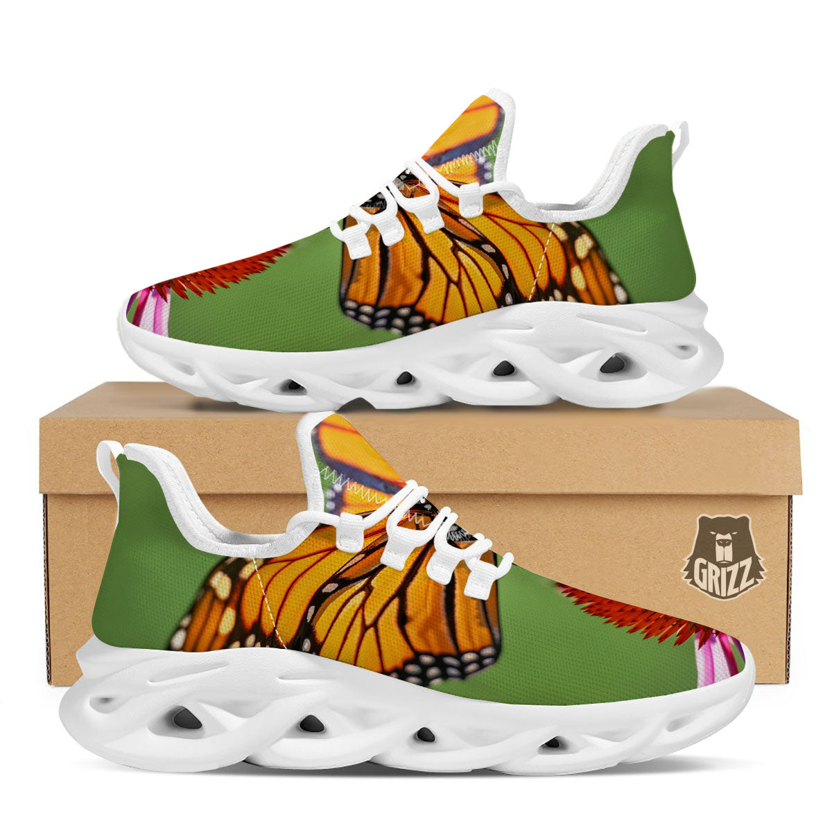 Butterfly Monarch Orange Print White Running Shoes-grizzshop
