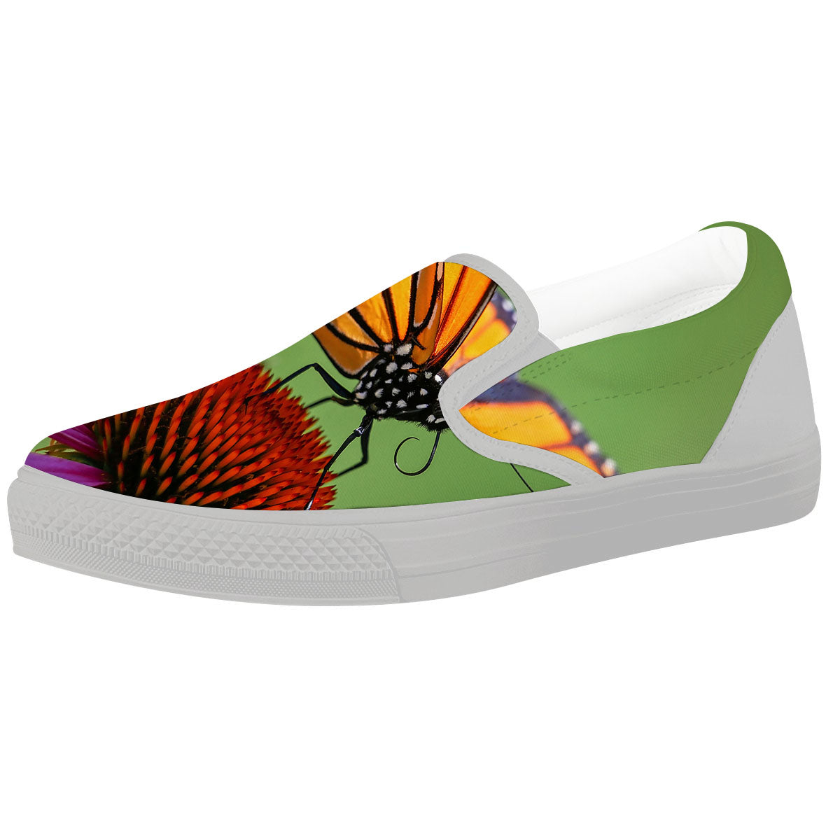Butterfly Monarch Orange Print White Slip On Shoes-grizzshop
