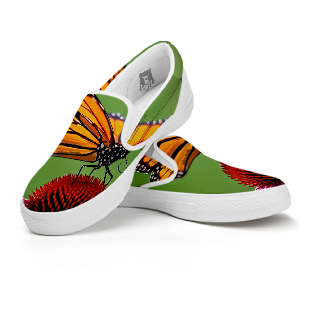 Butterfly Monarch Orange Print White Slip On Shoes-grizzshop