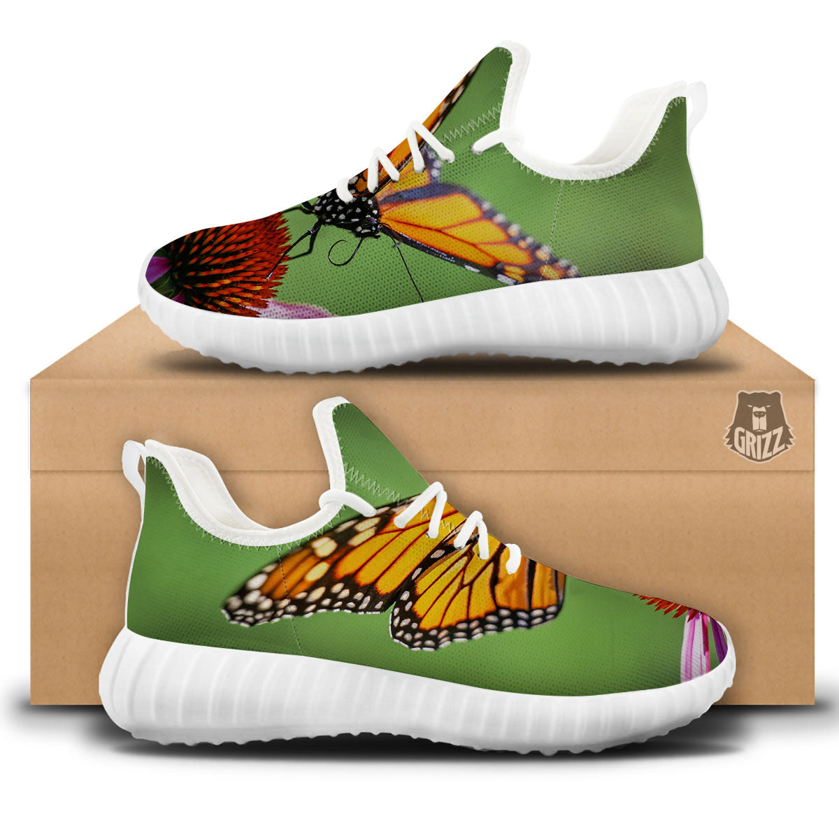Butterfly Monarch Orange Print White Walking Shoes-grizzshop