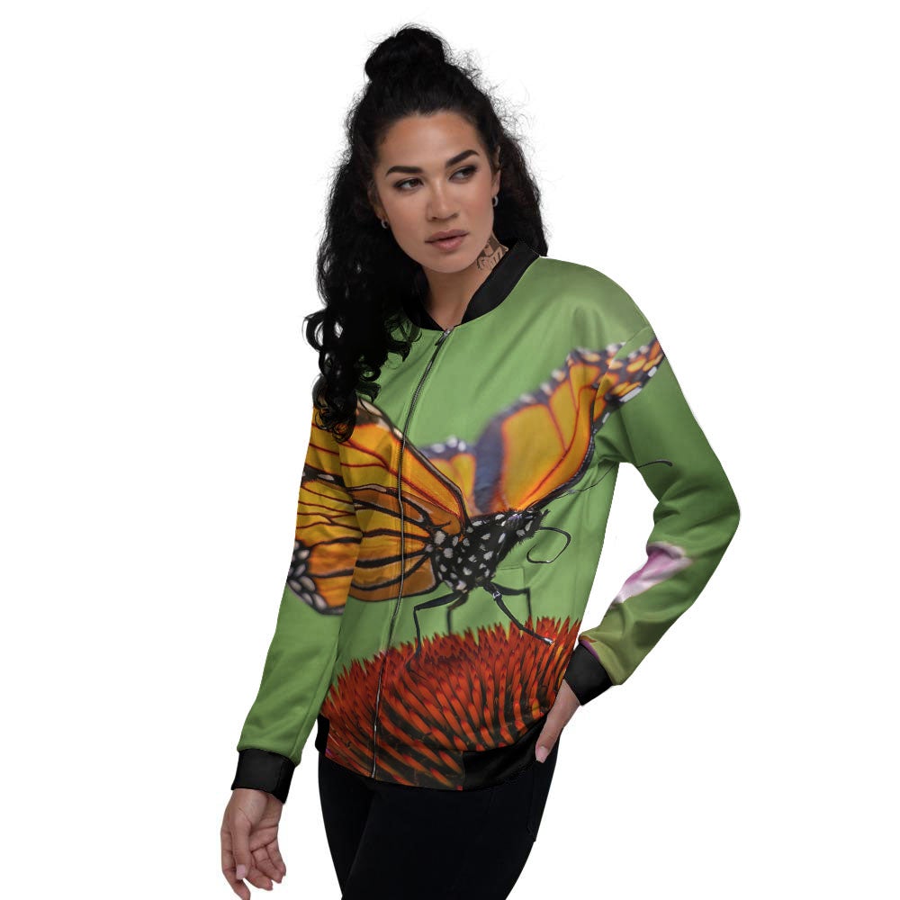 Butterfly Monarch Orange Print Women's Bomber Jacket-grizzshop