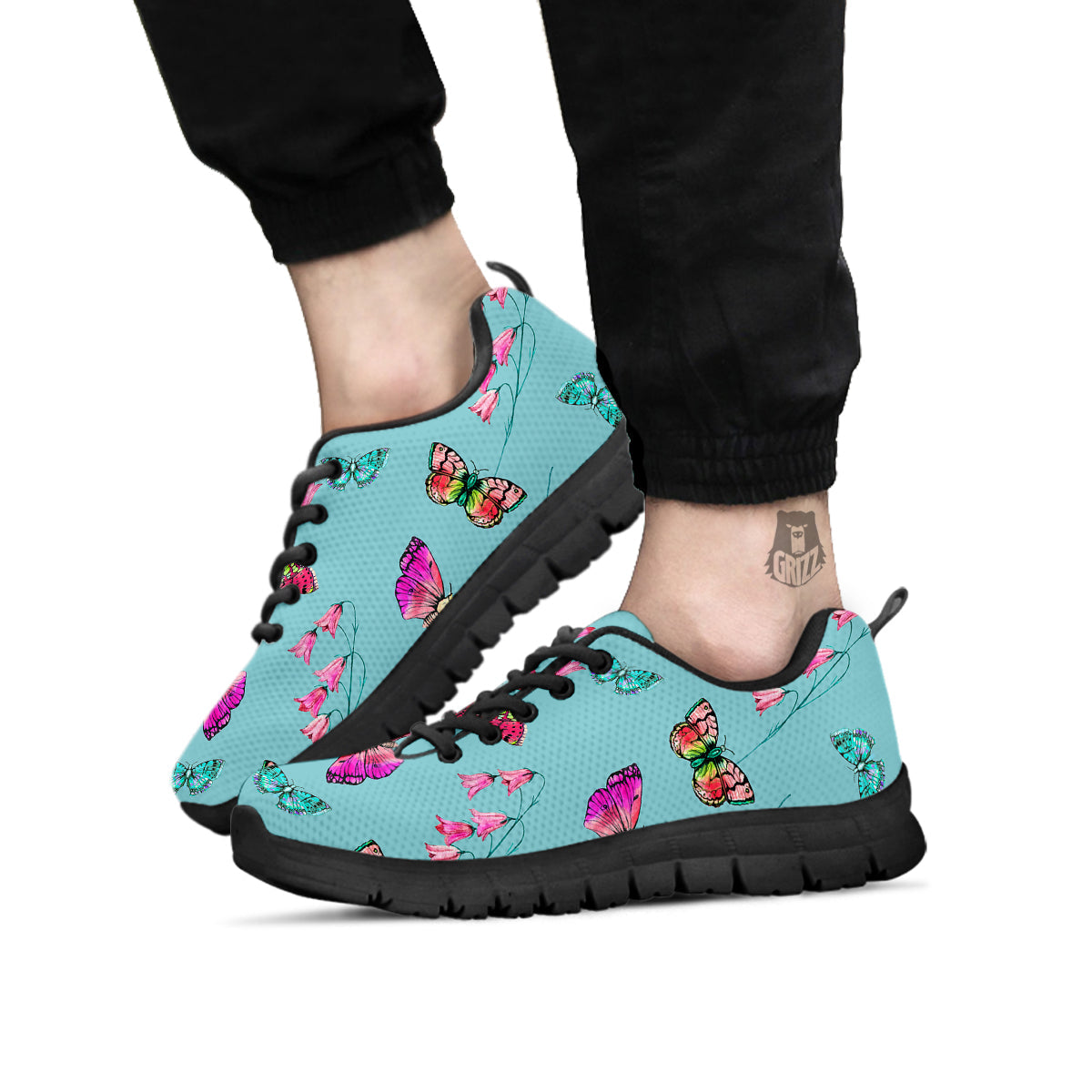 Butterfly Pink And Turquoise Print Pattern Black Sneaker-grizzshop