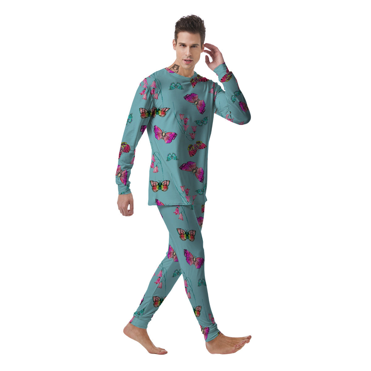 Butterfly Pink And Turquoise Print Pattern Men's Pajamas-grizzshop