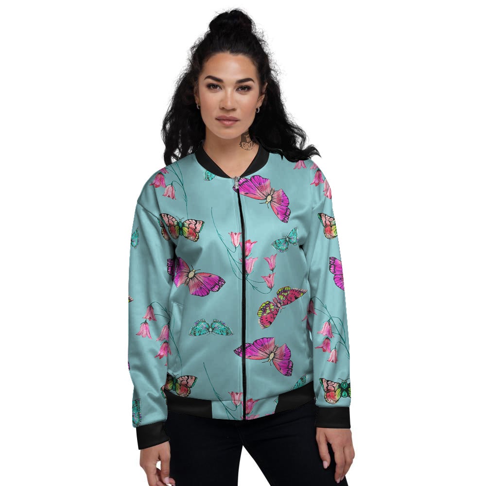 Butterfly Pink And Turquoise Print Pattern Women's Bomber Jacket-grizzshop