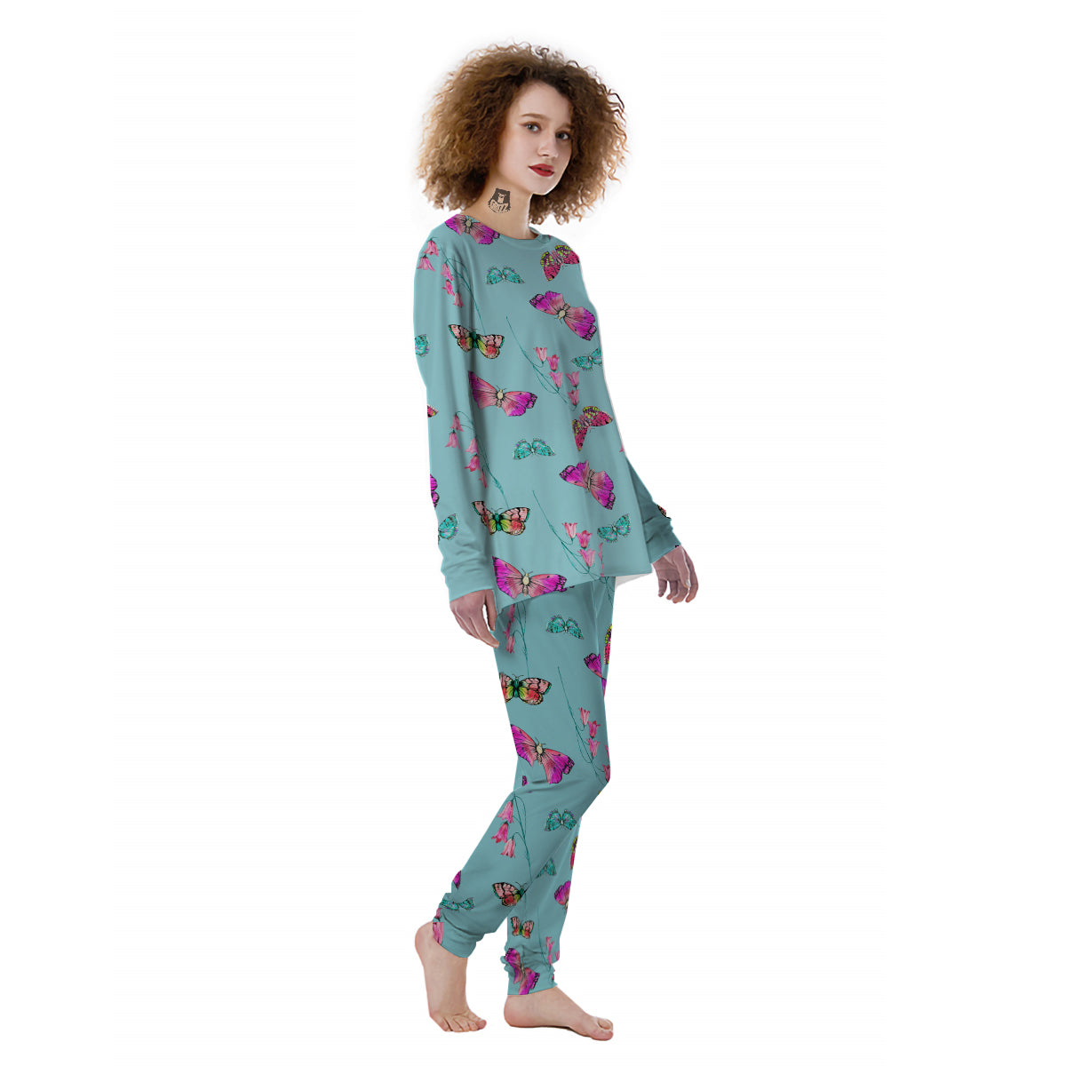 Butterfly Pink And Turquoise Print Pattern Women's Pajamas-grizzshop